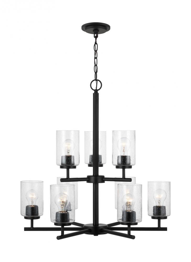 Oslo indoor dimmable 9-light chandelier in a midnight black finish with a clear seeded glass shade