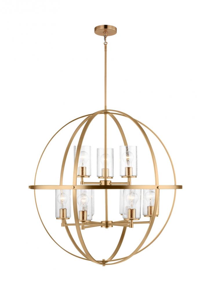 Alturas indoor dimmable 9-light multi-tier chandelier in satin brass finish with spherical steel fra