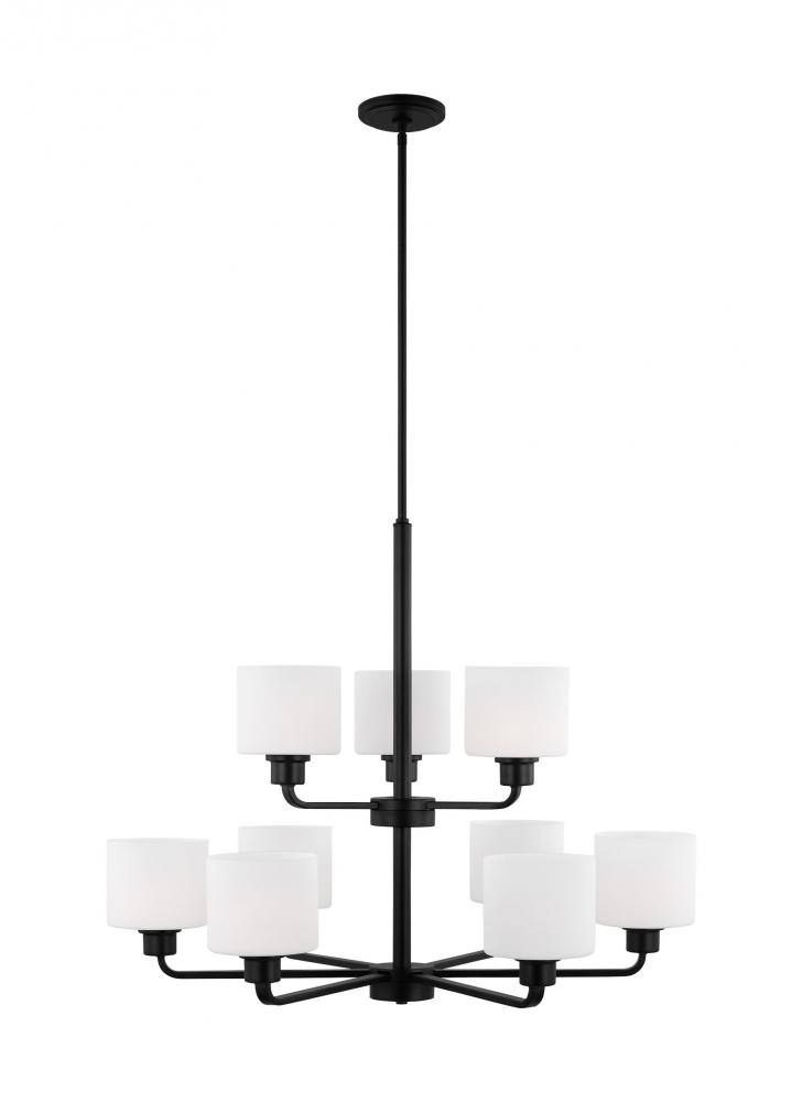 Canfield indoor dimmable LED 9-light chandelier in midnight black finish and etched white glass shad