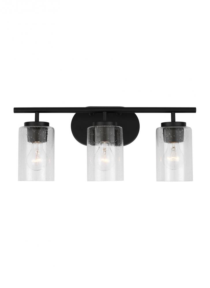 Oslo dimmable 3-light wall bath sconce in a midnight black finish with clear seeded glass shade