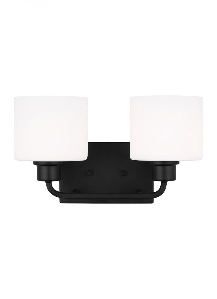Canfield indoor dimmable LED 2-light wall bath sconce in a midnight black finish and etched white gl