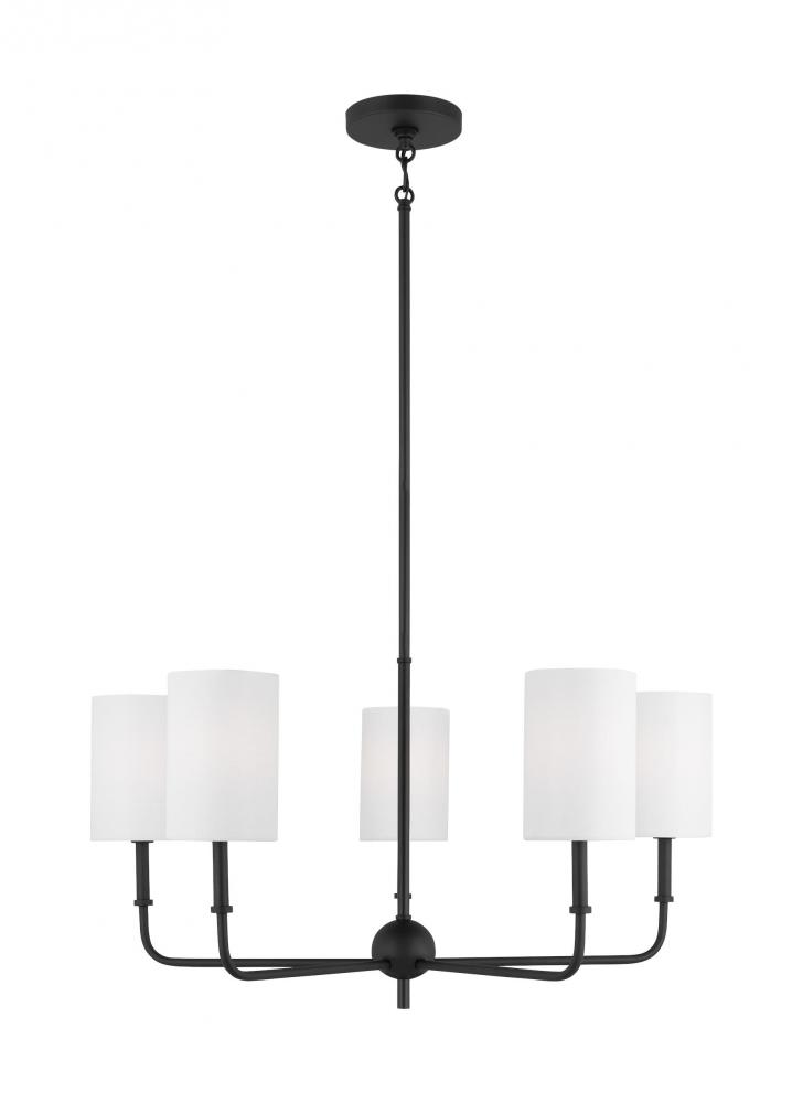 Foxdale transitional 5-light indoor dimmable chandelier in midnight black finish with white linen fa