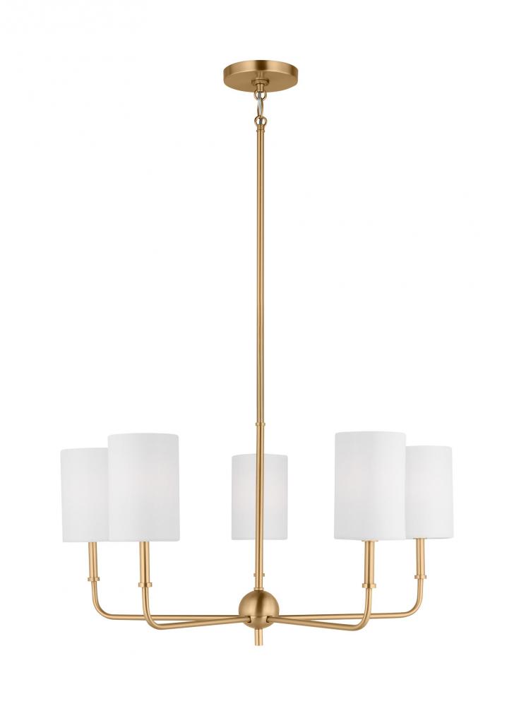 Foxdale transitional 5-light LED indoor dimmable chandelier in satin brass gold finish with white li