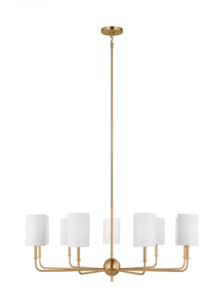 Foxdale transitional 9-light indoor dimmable chandelier in satin brass gold finish with white linen