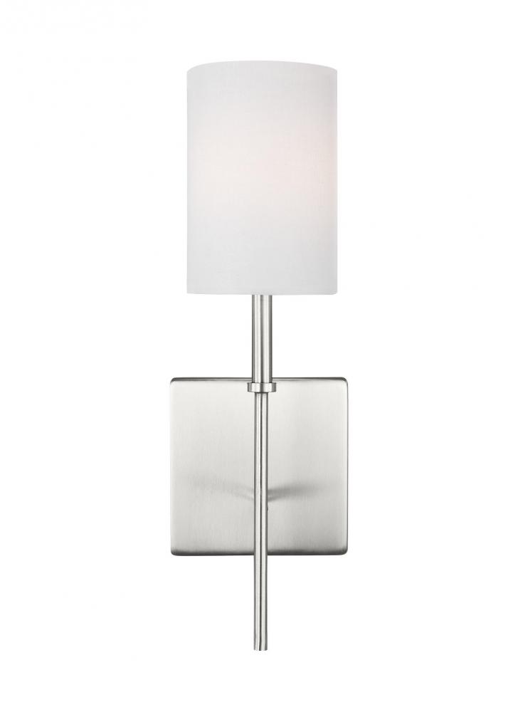 Foxdale transitional 1-light indoor dimmable bath sconce in brushed nickel silver finish with white